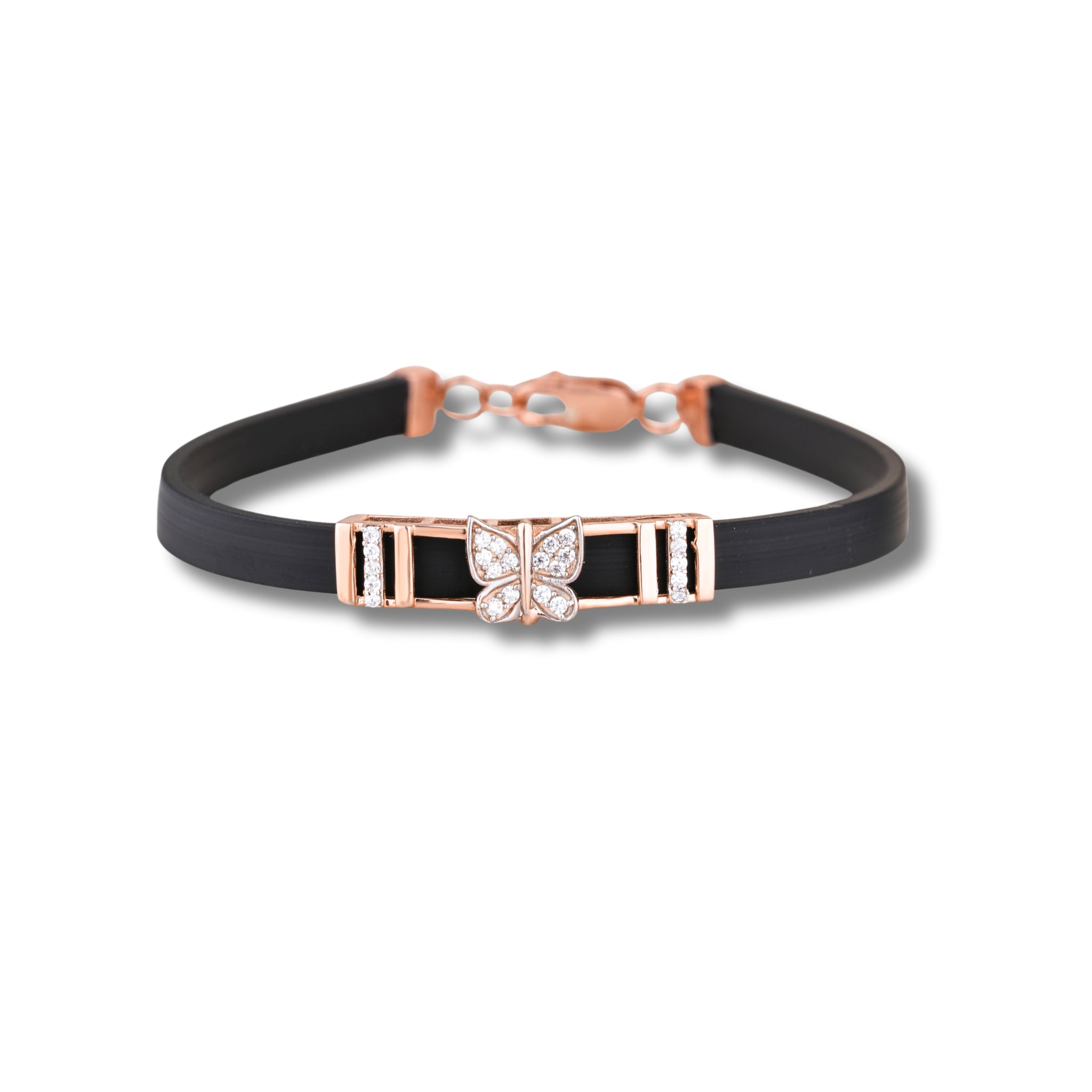 Black bracelet with a rose gold butterfly clasp on a white background