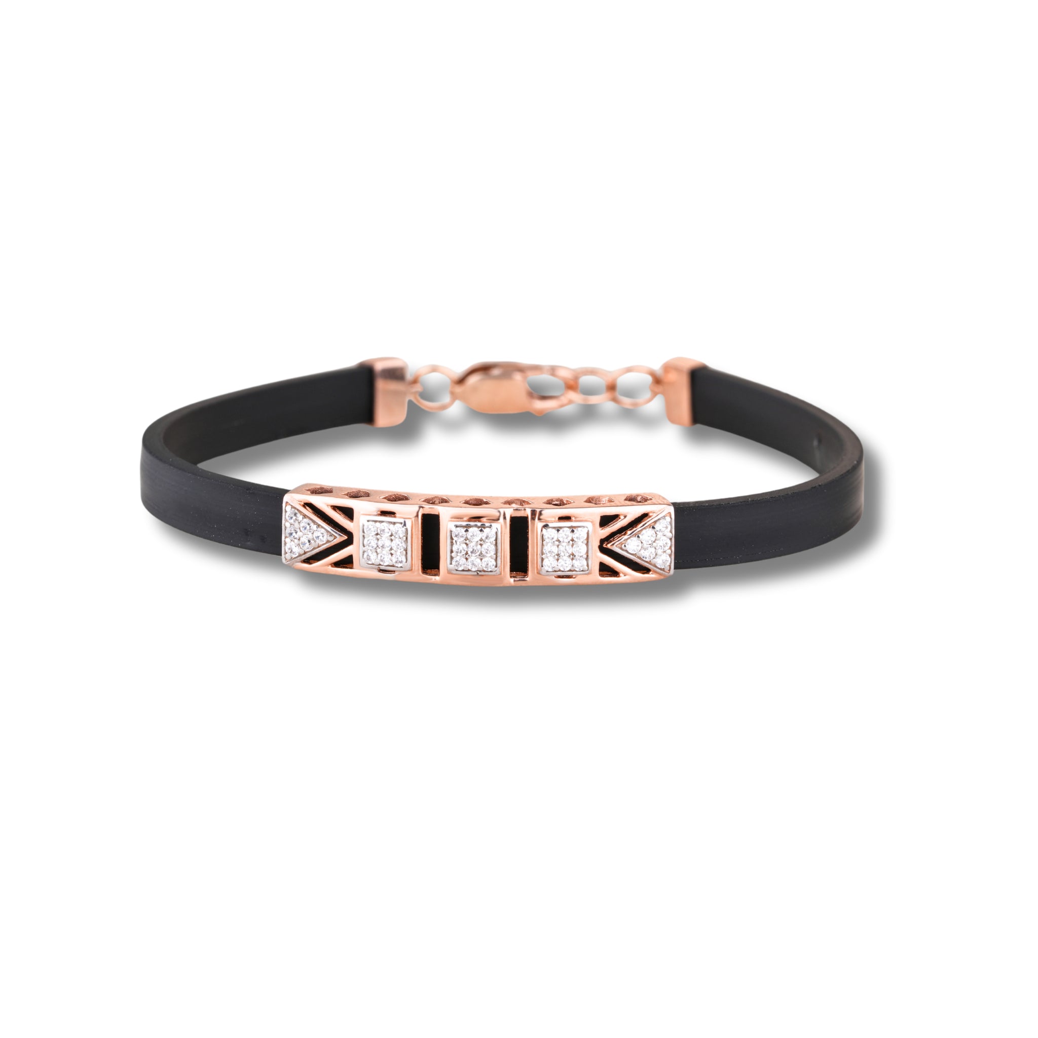Black bracelet with rose gold and diamond accents on a white background