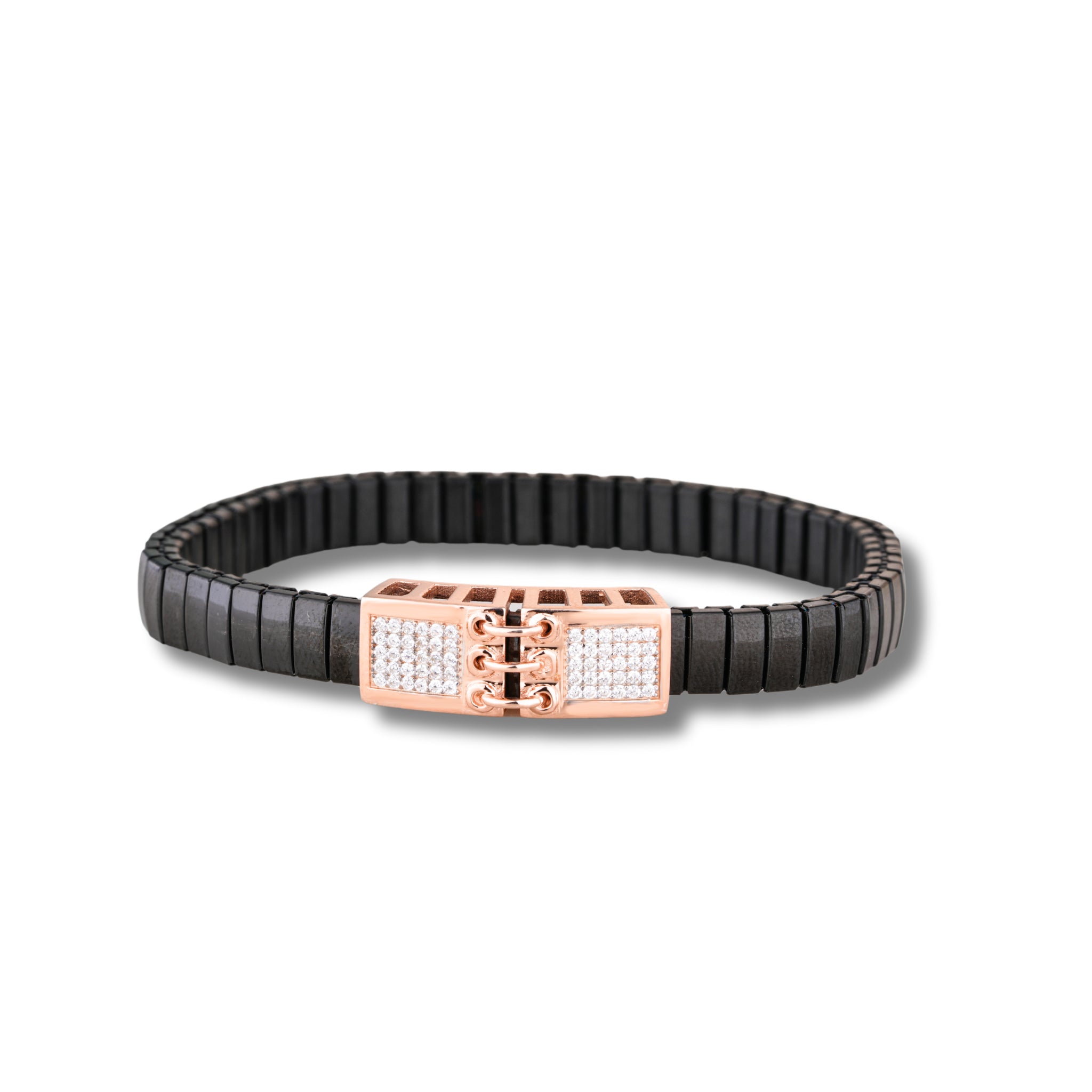 Black and rose gold bracelet on a white background