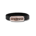 Black mesh bracelet with a rose gold and silver clasp on a white background