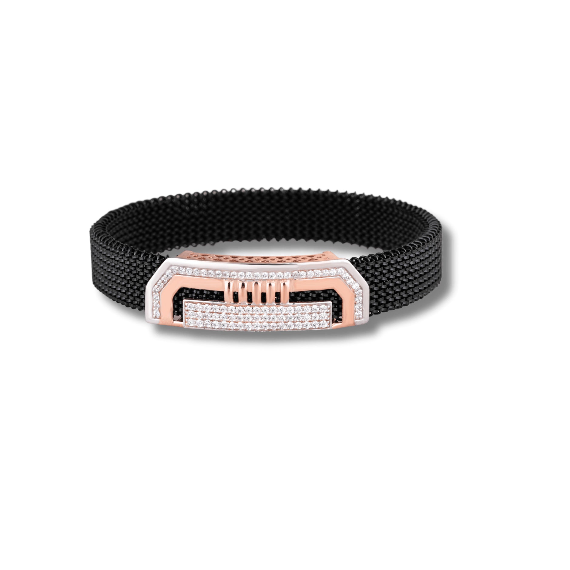 Black mesh bracelet with a rose gold and silver clasp on a white background