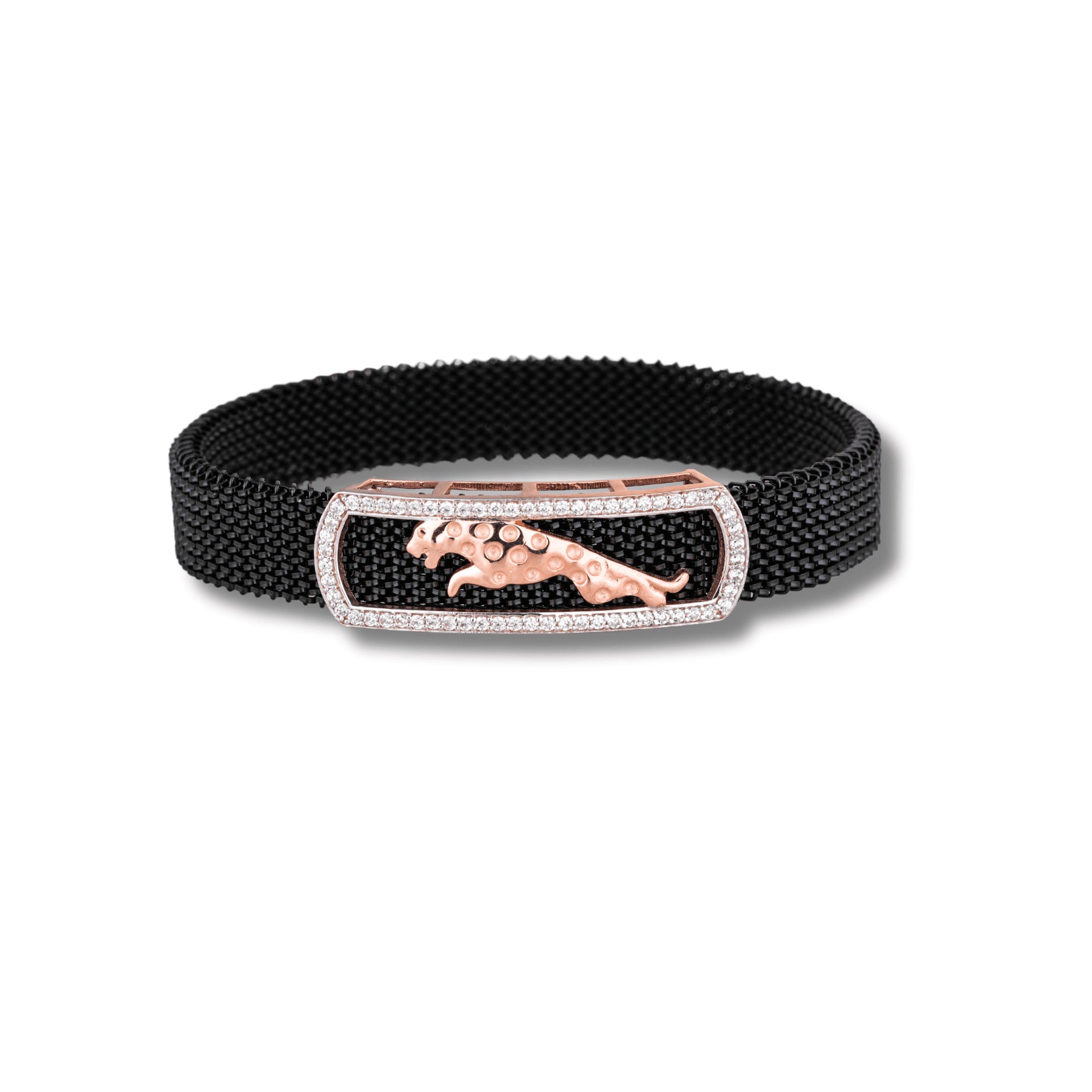 Black woven bracelet with a rose gold panther clasp on a white background