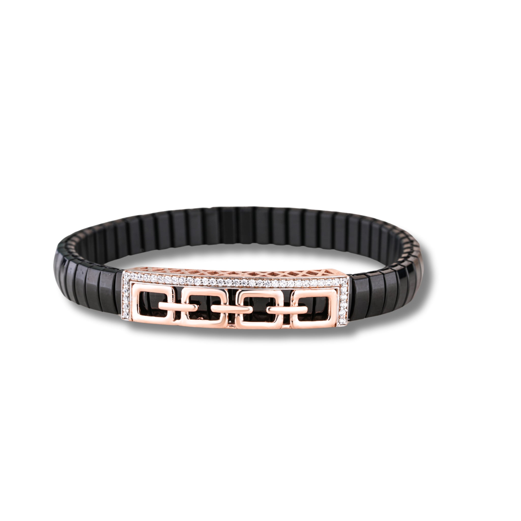 Black and rose gold bracelet on a white background