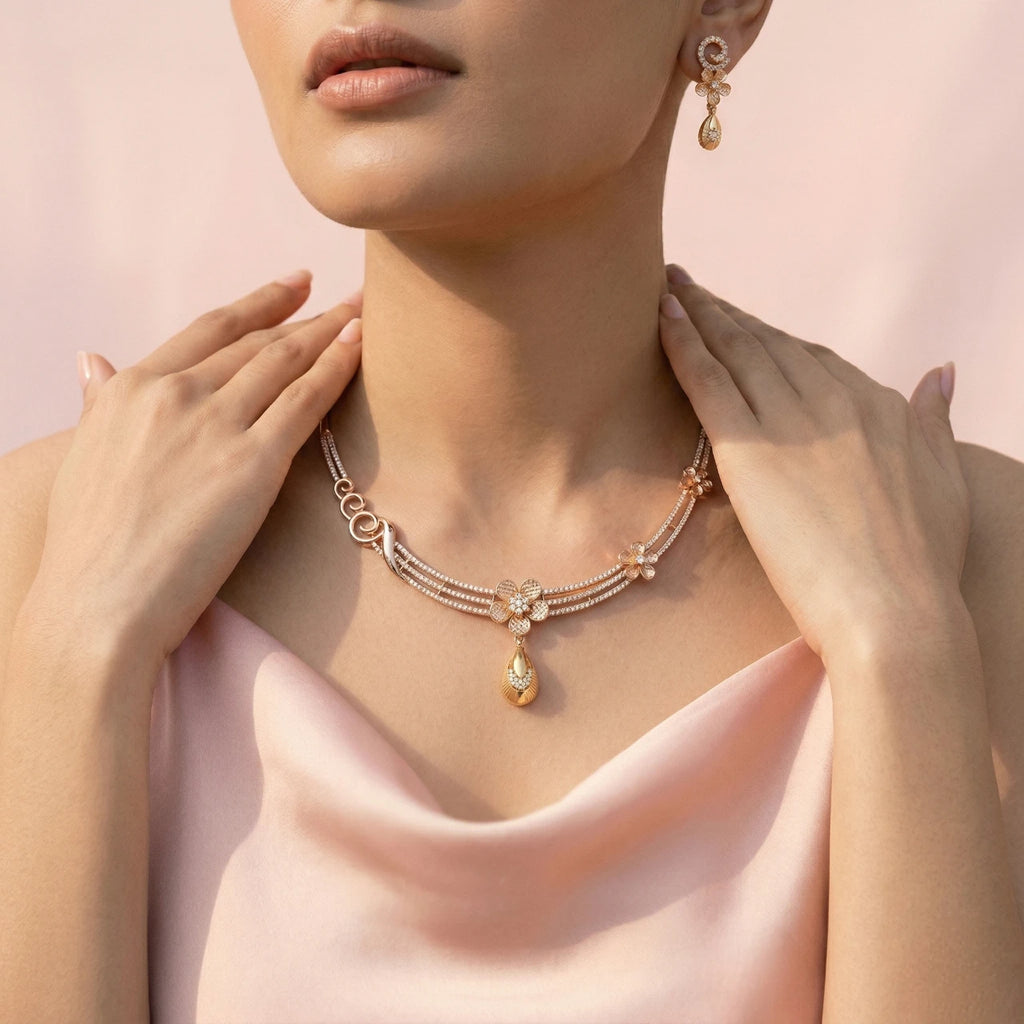 Anvit Floral Rose Gold Necklace Set