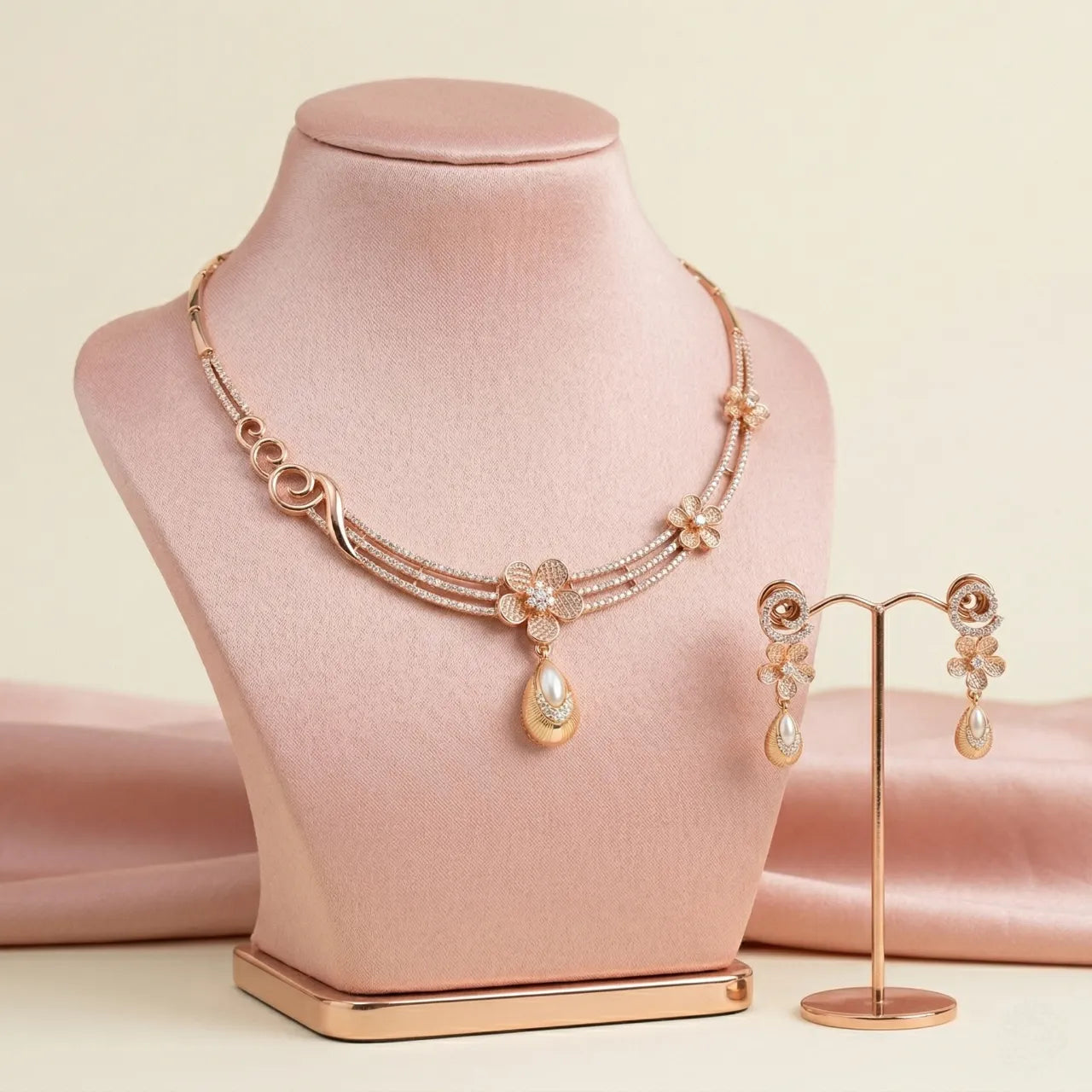 Rose gold necklace and earrings on a pink mannequin and stand against a beige background