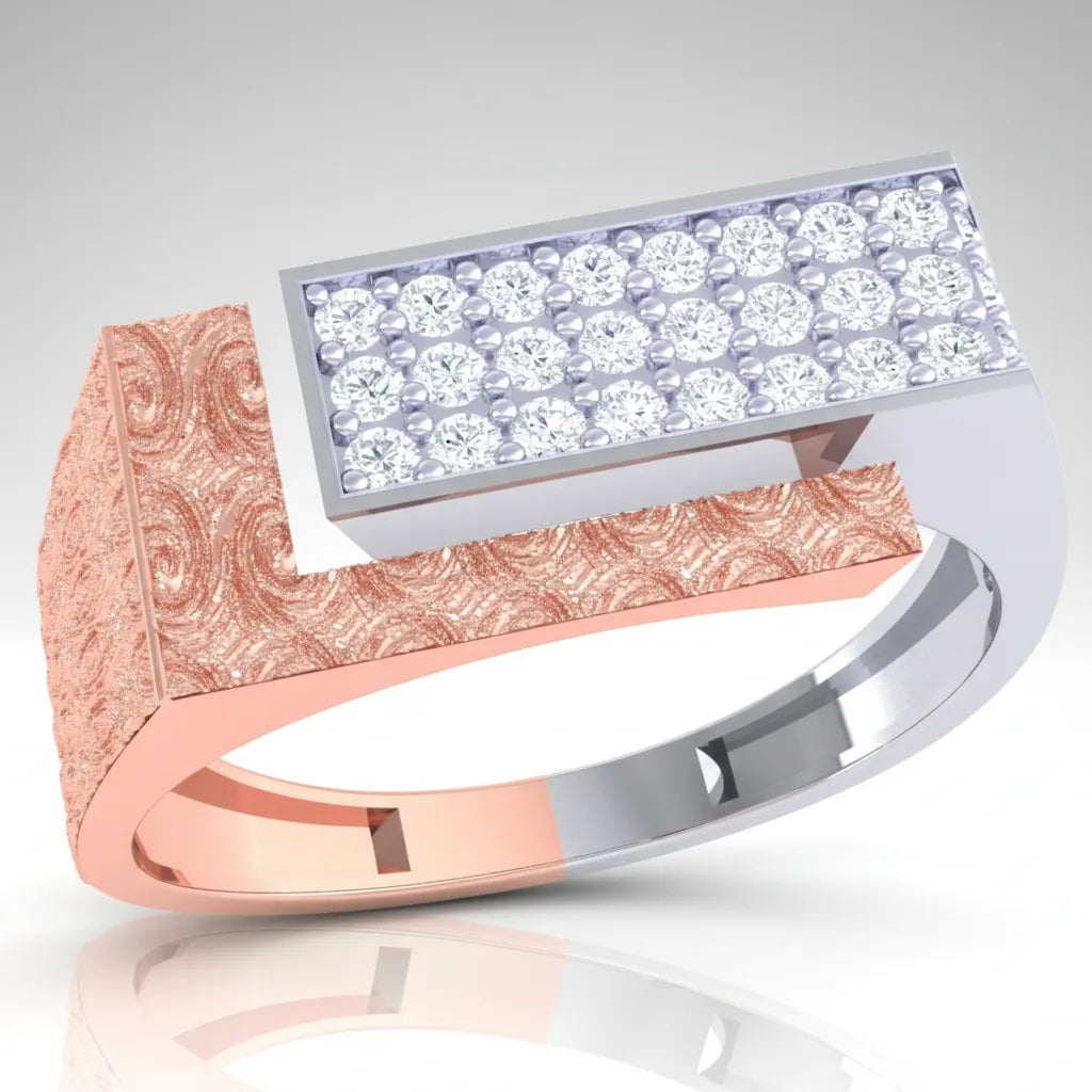 Rose gold and silver ring with diamond-studded band on a white background