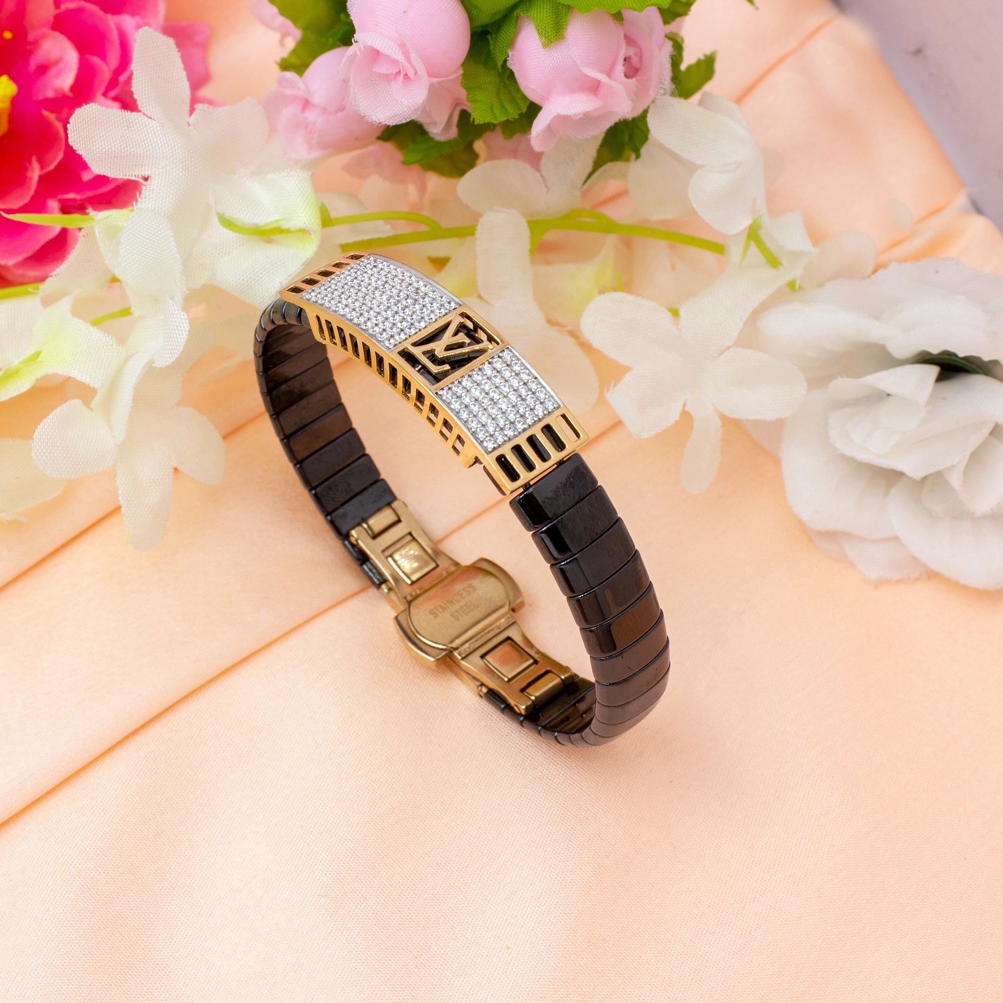 Black Ceramic & Rose Gold Crystal Men’s Bracelet