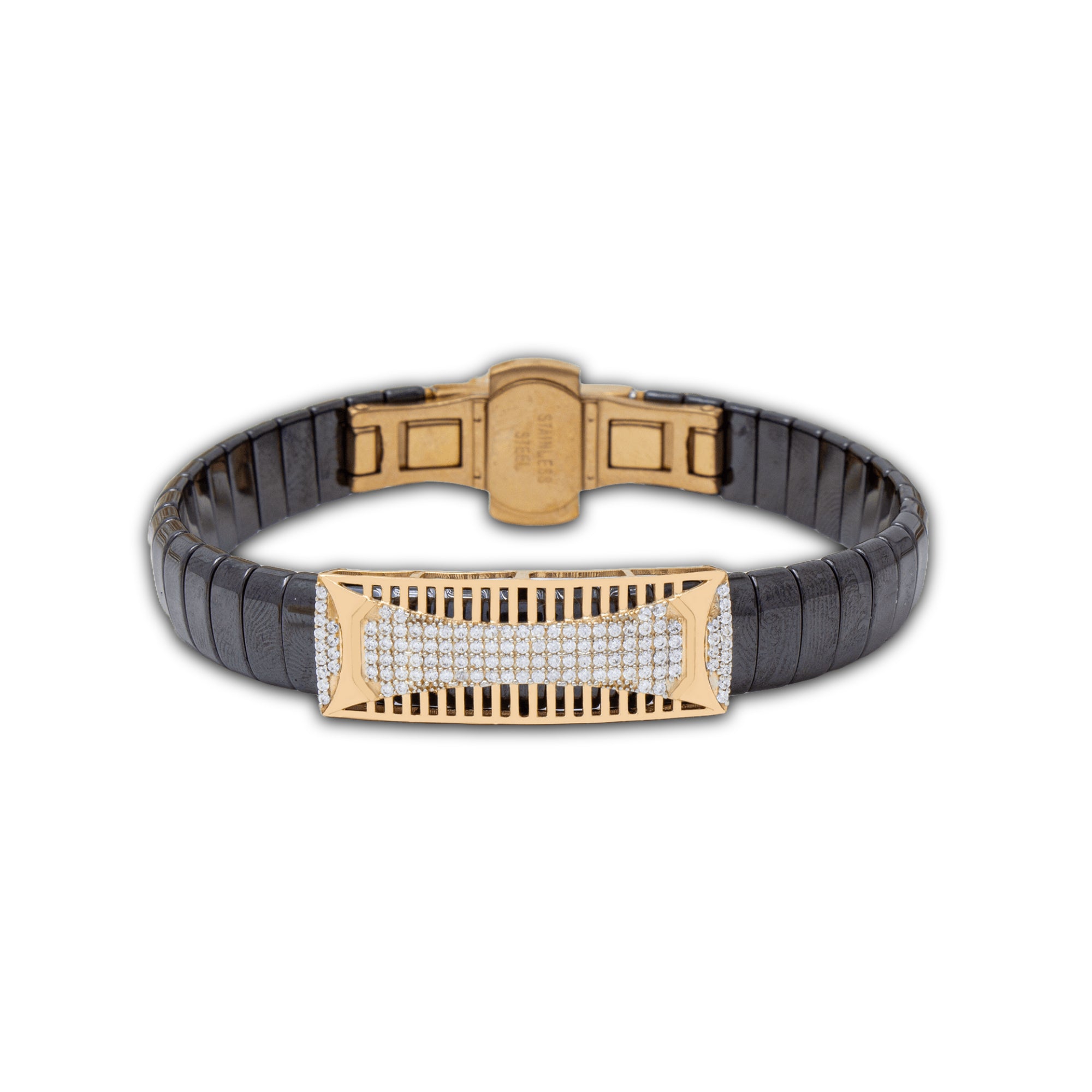 Bracelet with black ceramic and rose gold metal design on a white background