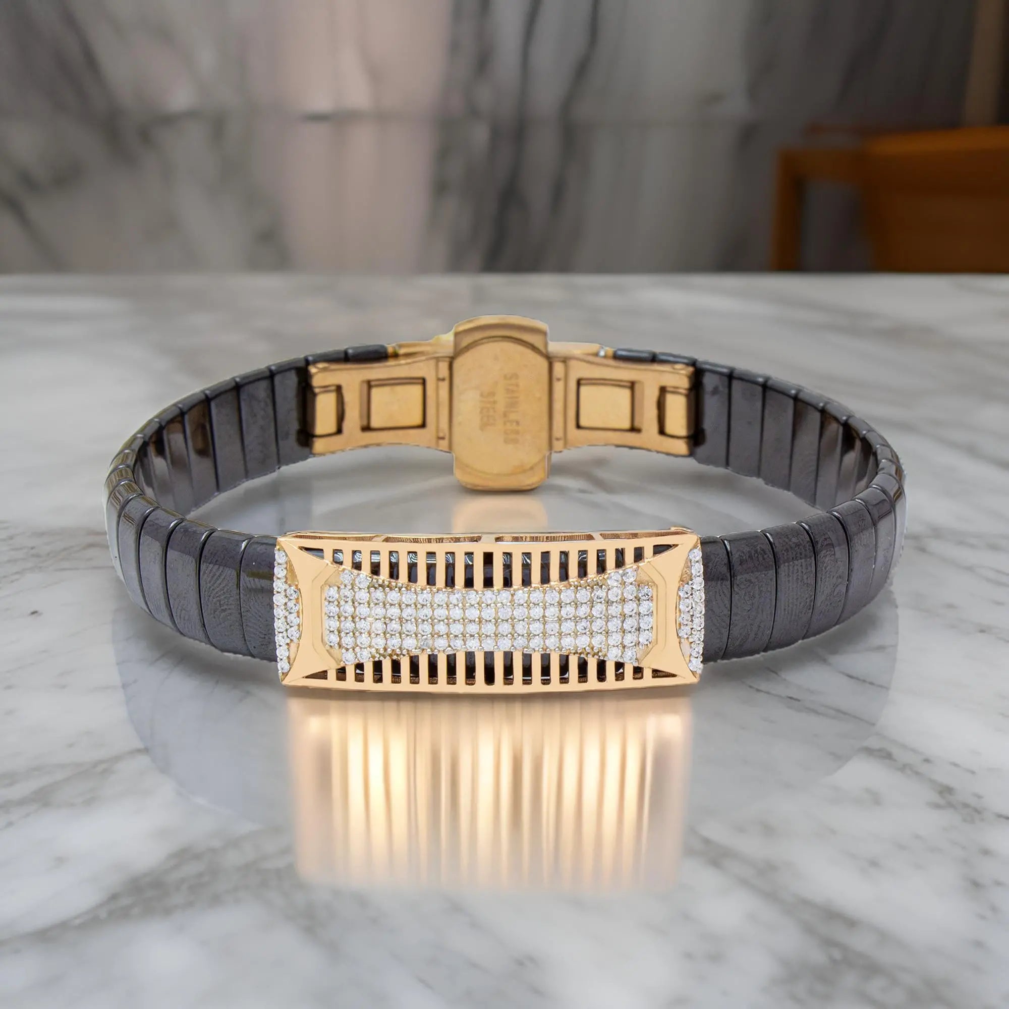 Anvit Black Ceramic Rose Gold Geometric Crystal Men’s Bracelet imitation jewellery