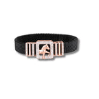 Black mesh bracelet with rose gold clasp featuring a horse design on a white background