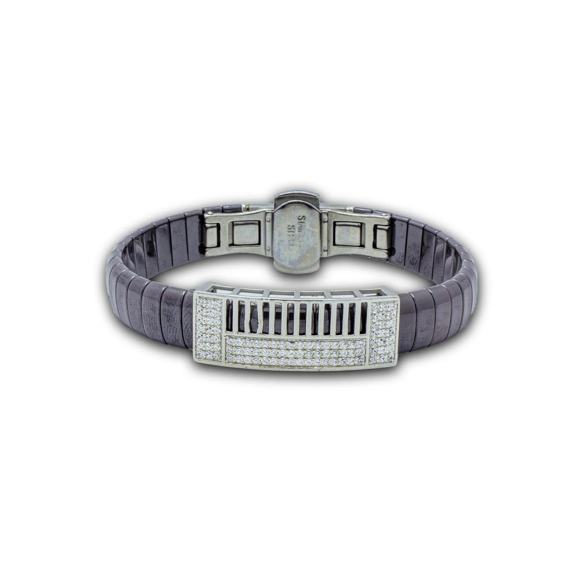 Bracelet with purple band and silver clasp on a white background