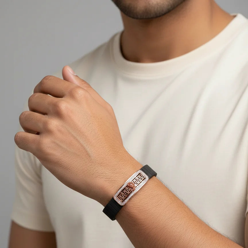 Rose gold nameplate men’s imitation bracelet with black band and engraved center design