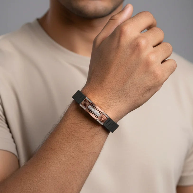 Rose gold vertical perforated men’s imitation bracelet with black band and emblem